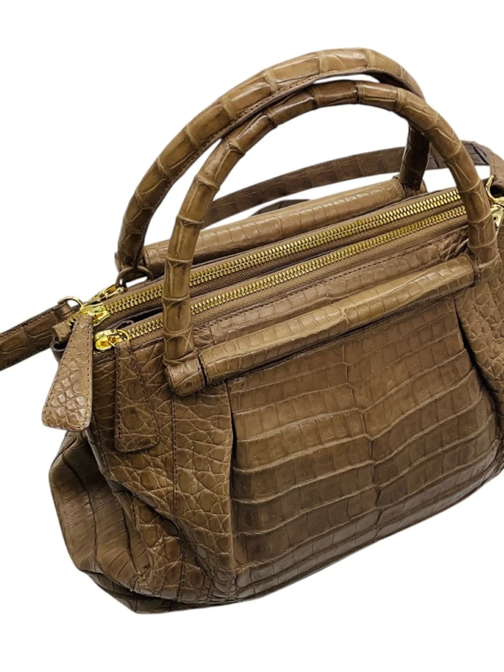 NANCY GONZALEZ TAUPE GENUINE CROCODILE DOUBLE TOP HANDLE SATCHEL HANDBAG